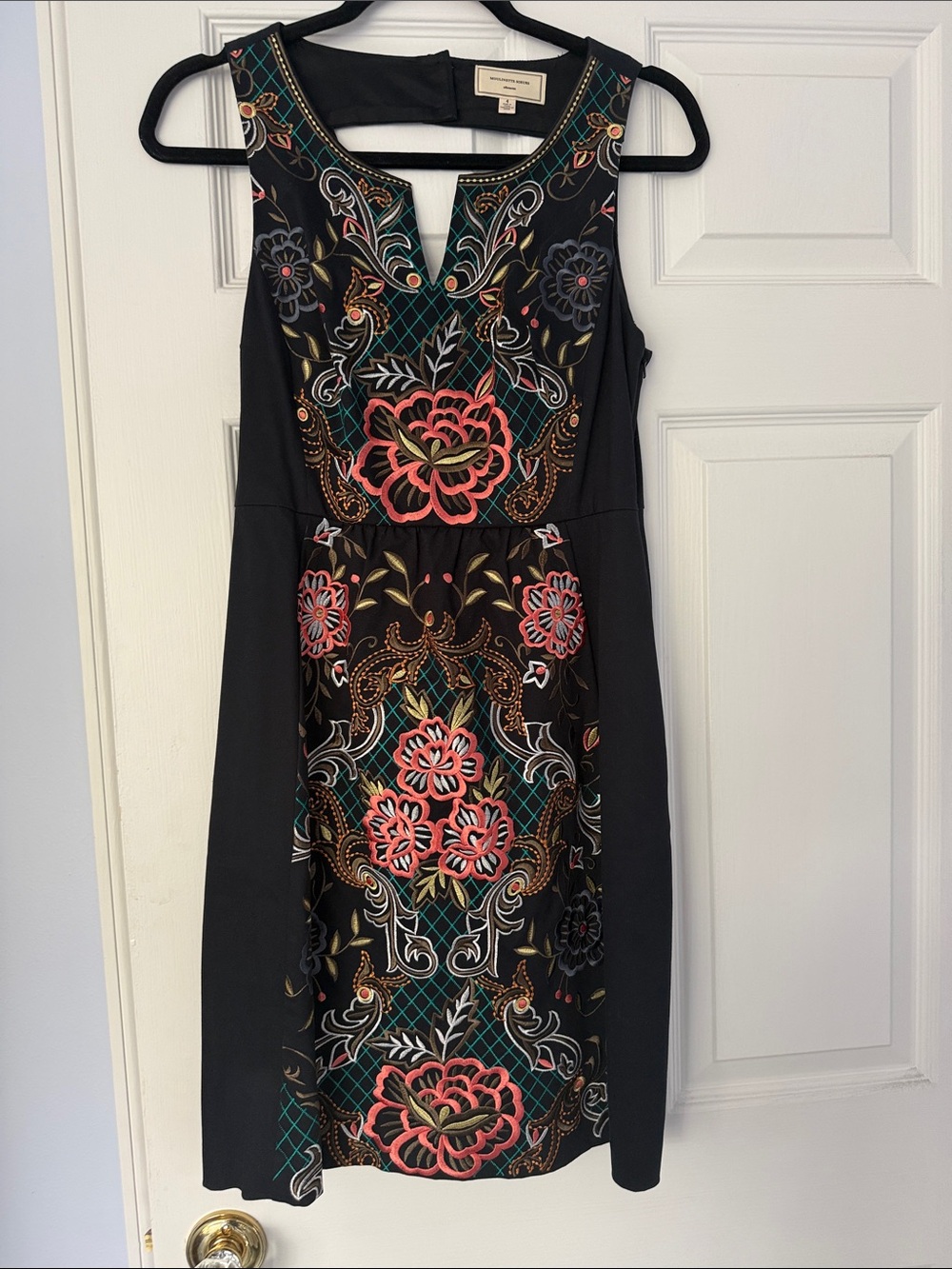 Moulinette Soeurs Black Midi Dress with Coral and Teal Floral Embroidery